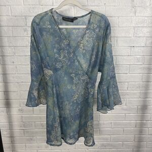 Boho Sheer Blue Paisley Chiffon Tunic Mini Dress Womens Size 2X Bell Sleeve
